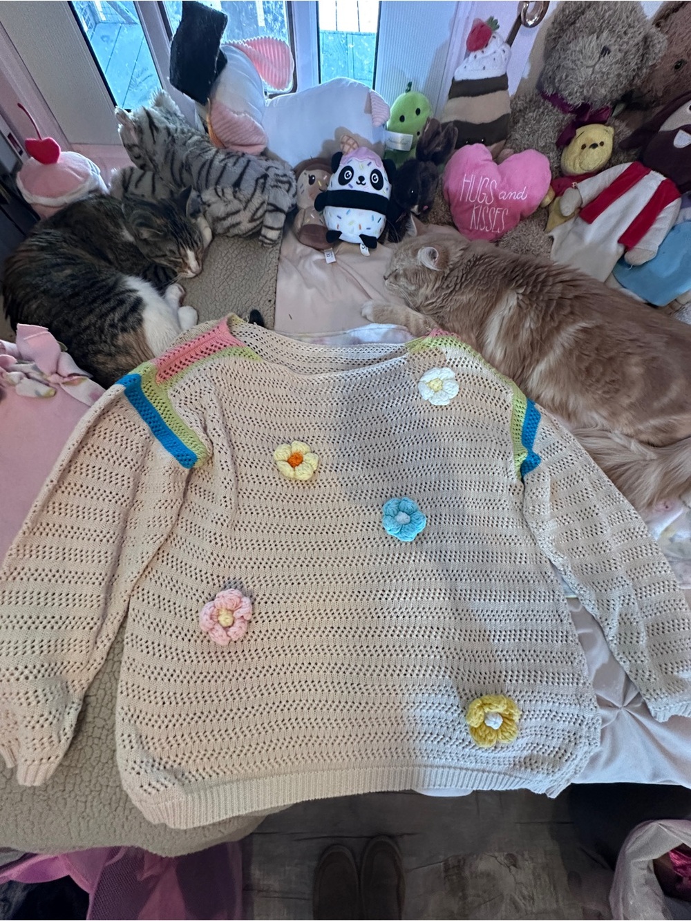 Women’s Cream Crochet Sweater with Floral Appliqués